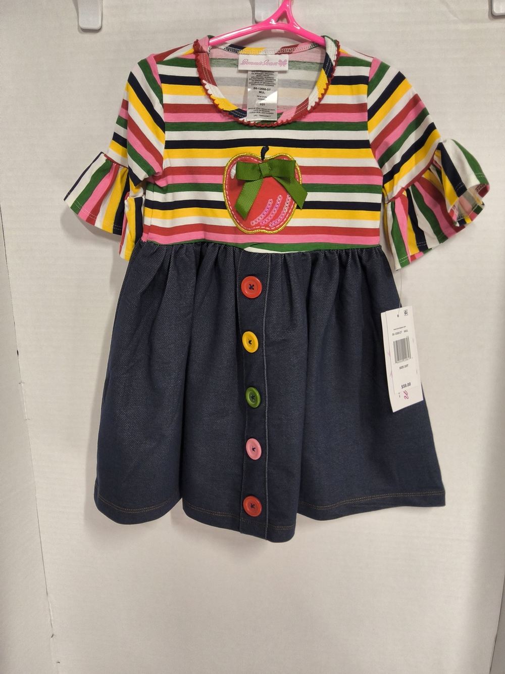 NwT Size 2T Bonnie Jean Multicolor Striped Apple Applique Dress